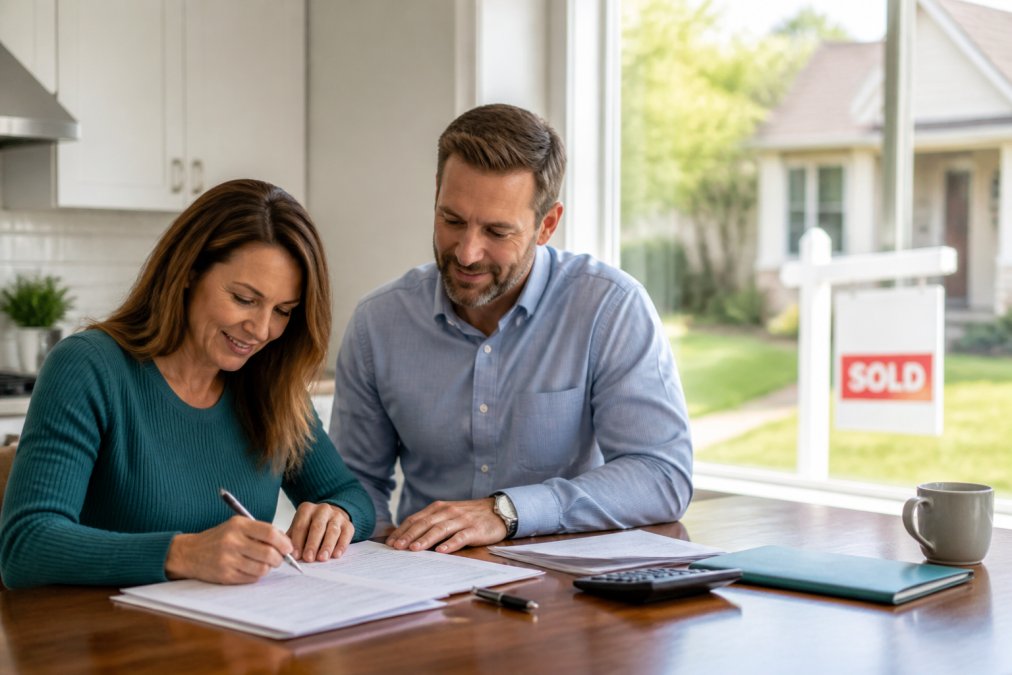 A real estate agent and homeowner reviewing documents at a kitchen table, natural daylight through the window, a sold sign visible in the front yard through the glass