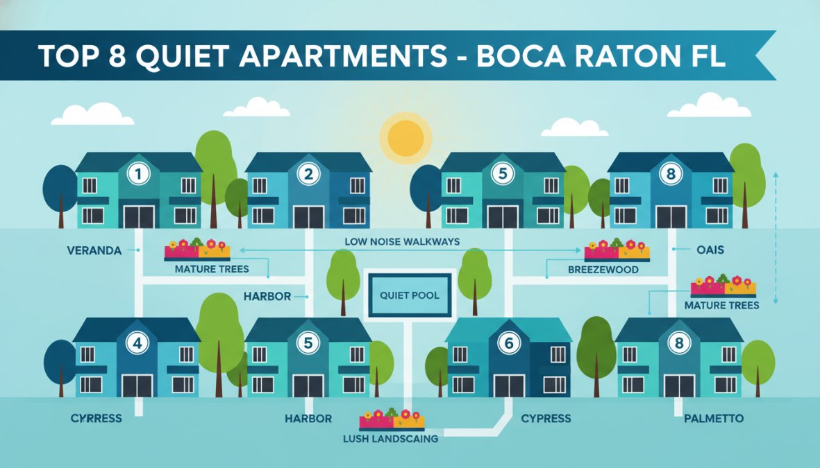 Quiet Apartments for Rent in Boca Raton: Top 8 Picks 1 Exterior view of a peaceful garden-style apartment community in South Florida, showing lush tropical landscaping, mature palm trees, and a well-maintained brick walkway on a bright sunny afternoon with residents walking quietly in the distance
