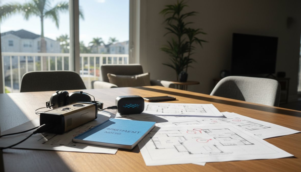 Quiet Apartments for Rent in Boca Raton: Top 8 Picks 2 A prospective renter standing still in an empty sunlit apartment, eyes closed and head slightly tilted, listening attentively near an open window with sheer white curtains moving gently in the breeze, modern interior with light wood floors