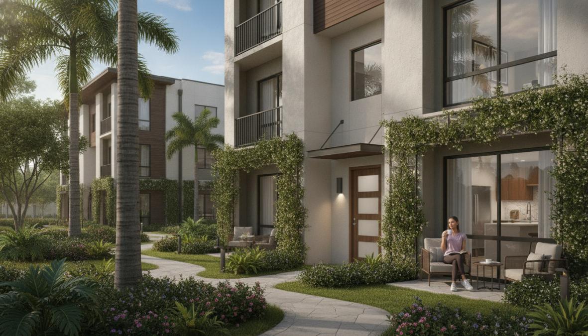 Serene garden-style apartment courtyard with mature oak trees and palmettos providing natural sound barriers, low-rise buildings with private ground-level entries, lush landscaping in morning light