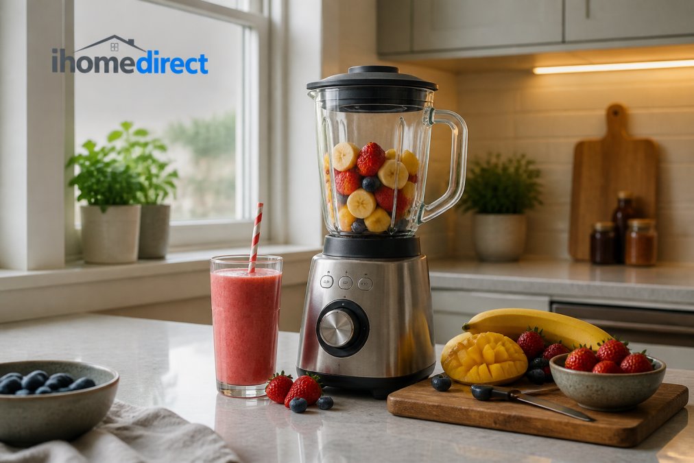Sleek Quiet Mark certified blender on a kitchen counter with fresh fruit and a smoothie