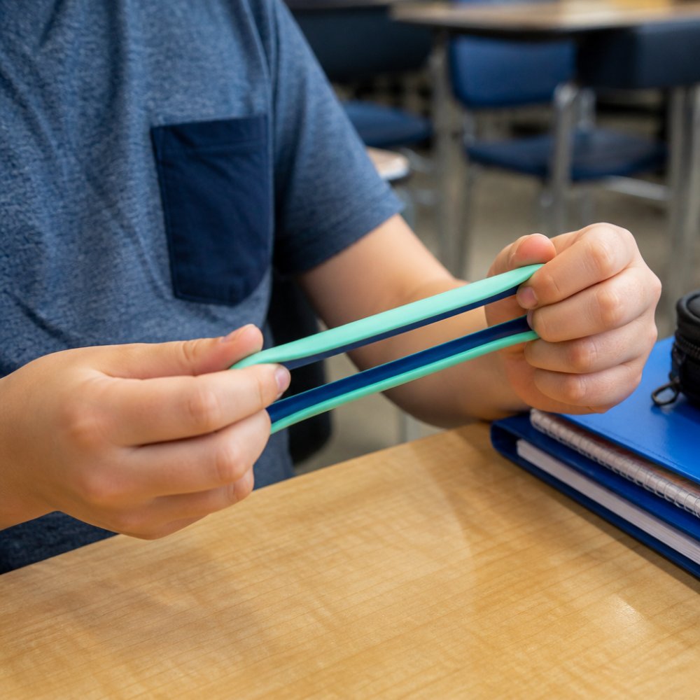 Close-up of a student's hands holding a stretchy band fidget toy while sitting at a classroom desk, showing quiet focus and concentration
