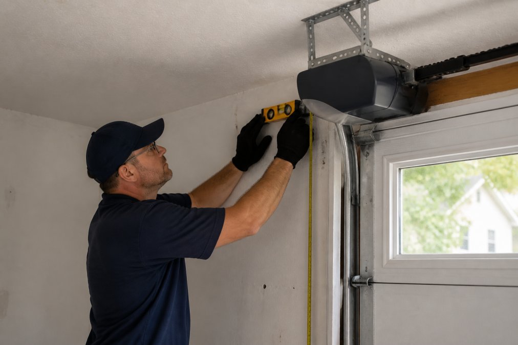 Technician installing a quiet garage door opener on a low-ceiling frame using a level and measuring tools
