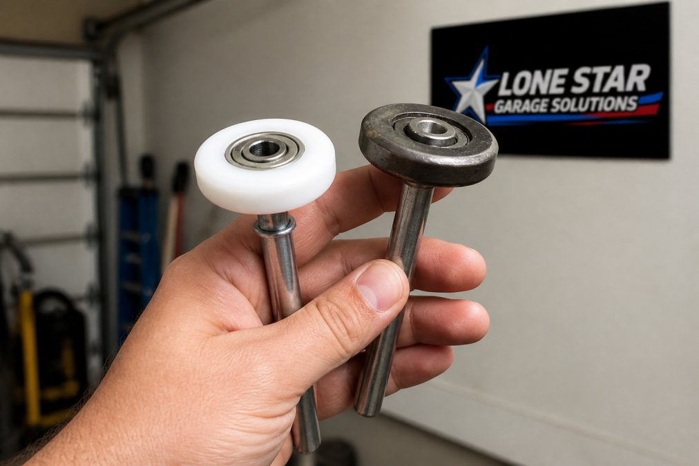 Close-up of a technician's hand holding a nylon roller with sealed ball bearings next to a standard steel roller, showing the visible construction differences and material contrast in workshop lighting