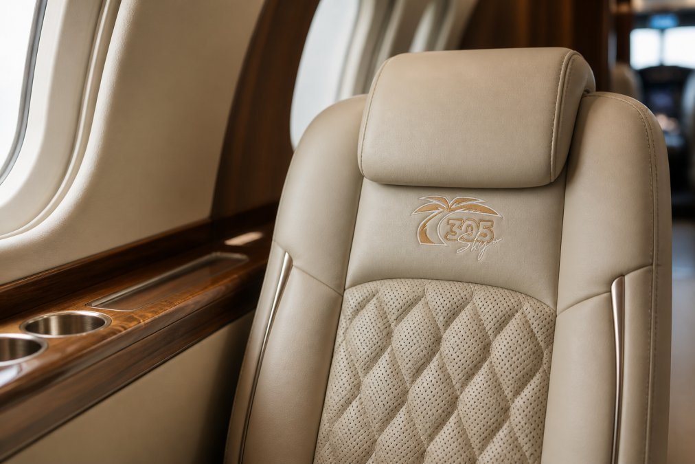 Close-up of supple leather seating with natural wood trim and brushed metal accents visible in a private jet cabin, showing rich texture, craftsmanship detail, and refined material composition