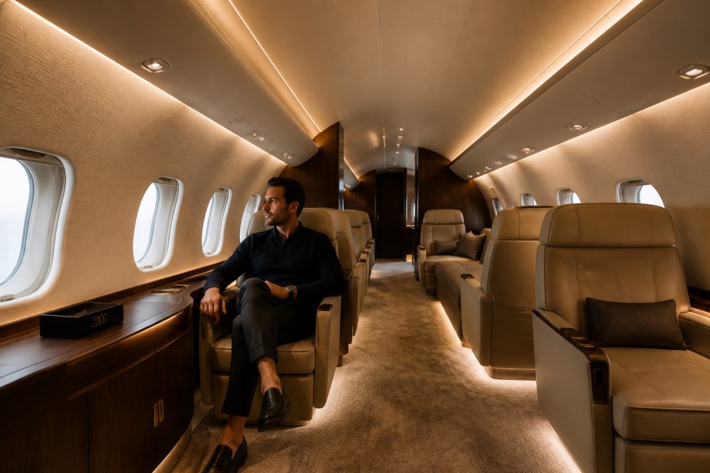Interior of a luxury aircraft cabin with soft, layered ambient lighting creating a calm atmosphere, neutral color palette, and passenger seated in ergonomic chair in a serene, refined cabin environment