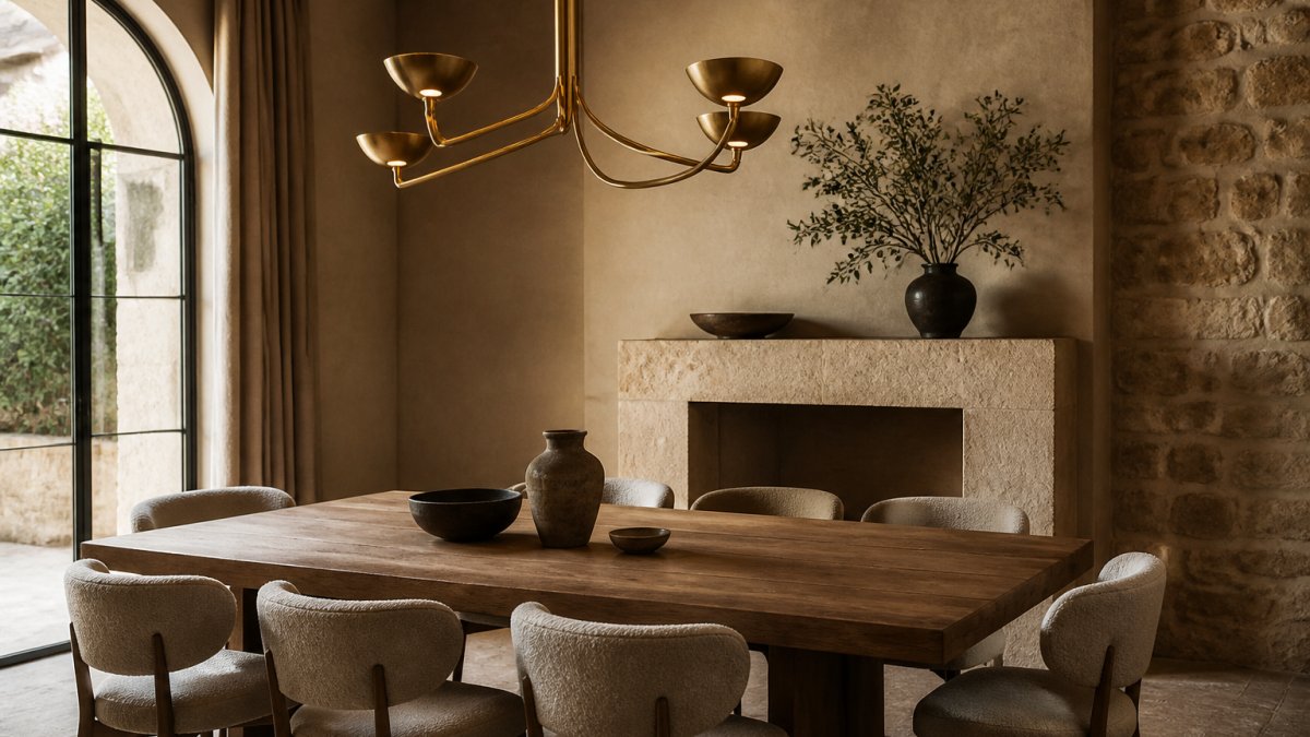 An elegant dining room with a sculptural brass chandelier suspended above a timber table, casting warm ambient illumination across natural stone surfaces and plaster finishes, with soft shadows creating mood and texture