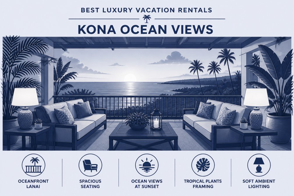 Spacious oceanfront lanai with comfortable seating, ocean views at sunset, tropical plants framing the scene, soft ambient lighting from table lamps