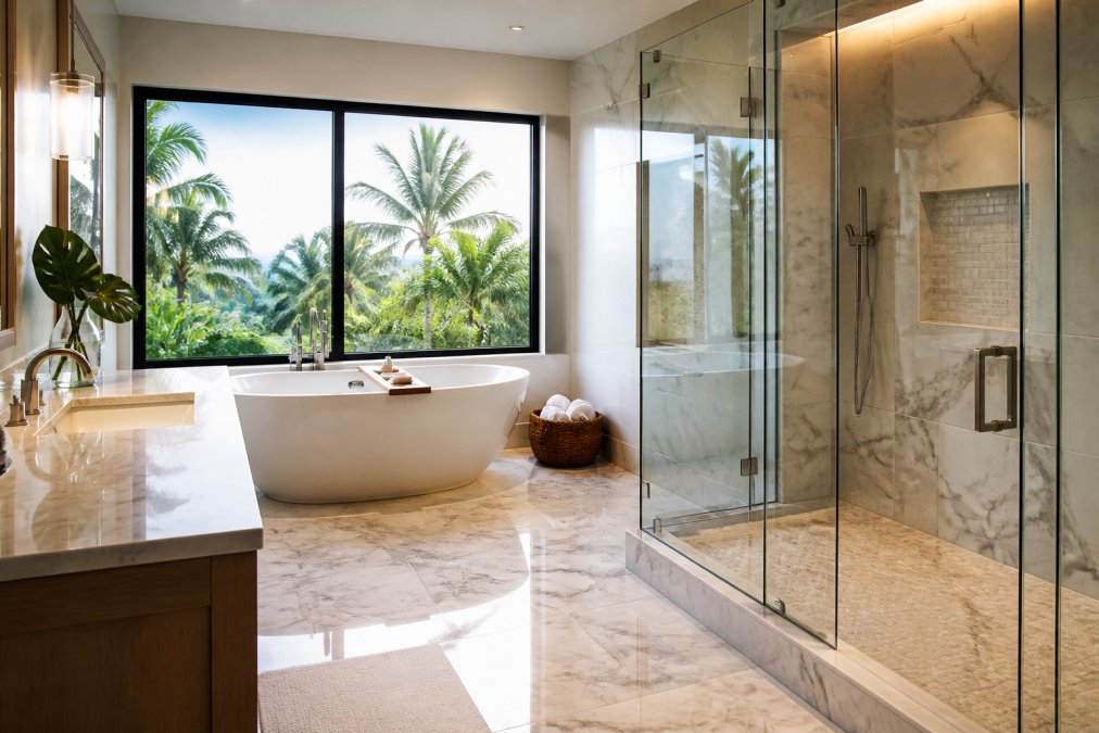 Luxurious spa-like bathroom with marble-like flooring, modern fixtures, large soaking tub, separate shower with custom glass doors, natural lighting from windows