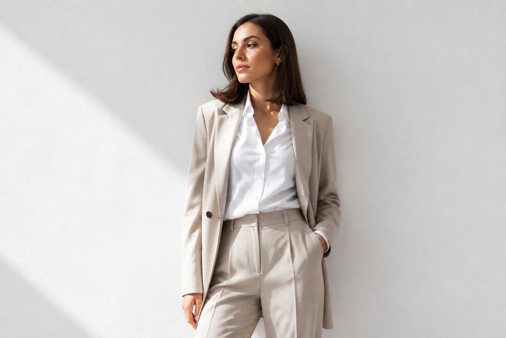 Woman styled in neutral tones wearing a classic white button-up shirt, tailored neutral trousers, and a structured blazer, standing confidently against a minimal white background