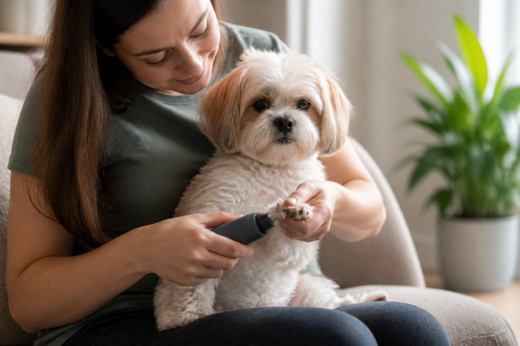A pet owner gently holding a small dog's paw while using a compact quiet nail grinder on a light-colored nail, soft natural light in a living room, dog relaxed and calm