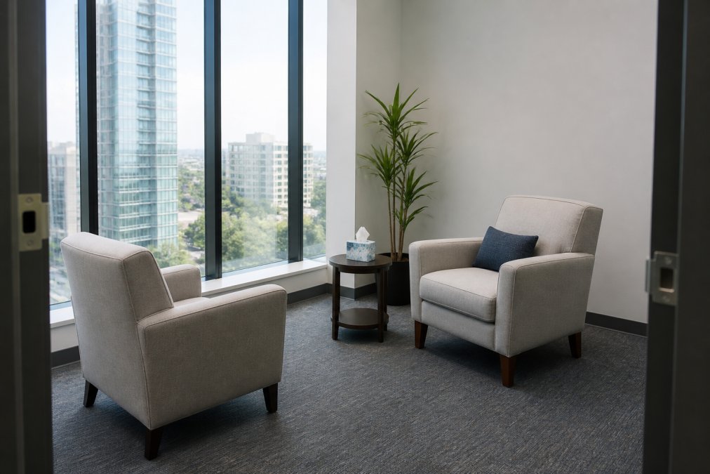 A bright, private counselling room with two comfortable armchairs, a small side table, and soft natural light streaming through floor-to-ceiling windows in a modern Class A office building