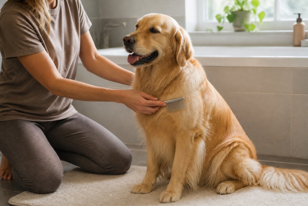 A calm golden retriever sitting on a bathroom mat while a person gently brushes its coat with a stainless steel comb, soft natural light streaming through a window