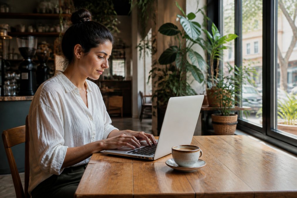 A remote worker sitting at a wooden café table with a laptop open, a ceramic coffee cup nearby, soft natural light streaming through large windows in a cozy coffee shop interior