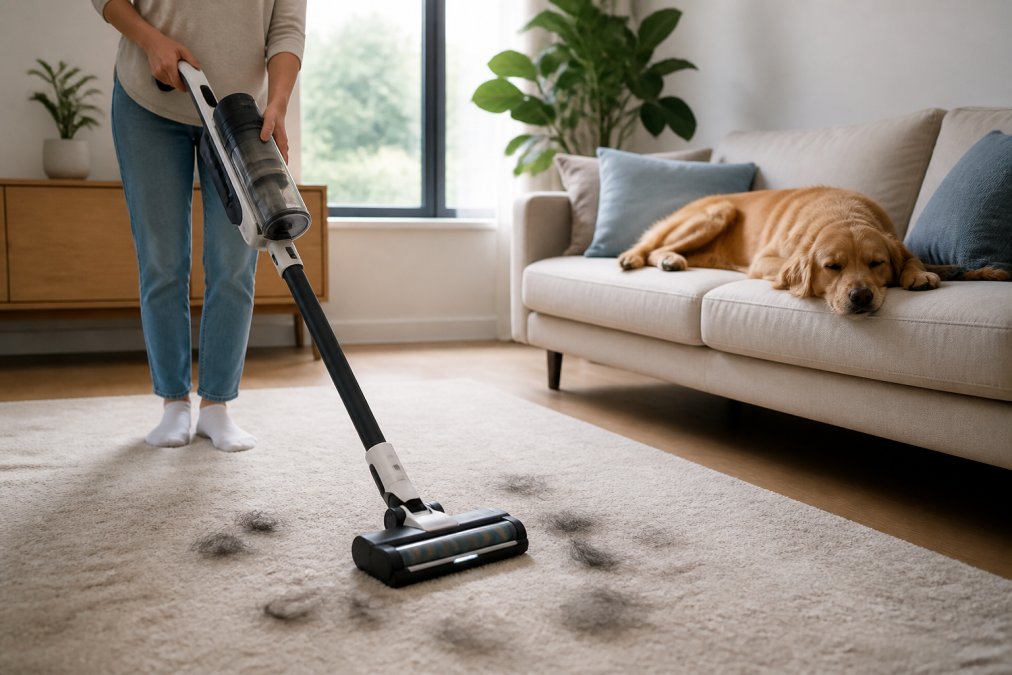 A person vacuuming a living room rug with a modern lightweight stick vacuum, natural light from a window, pet hair visible on the floor, calm home setting