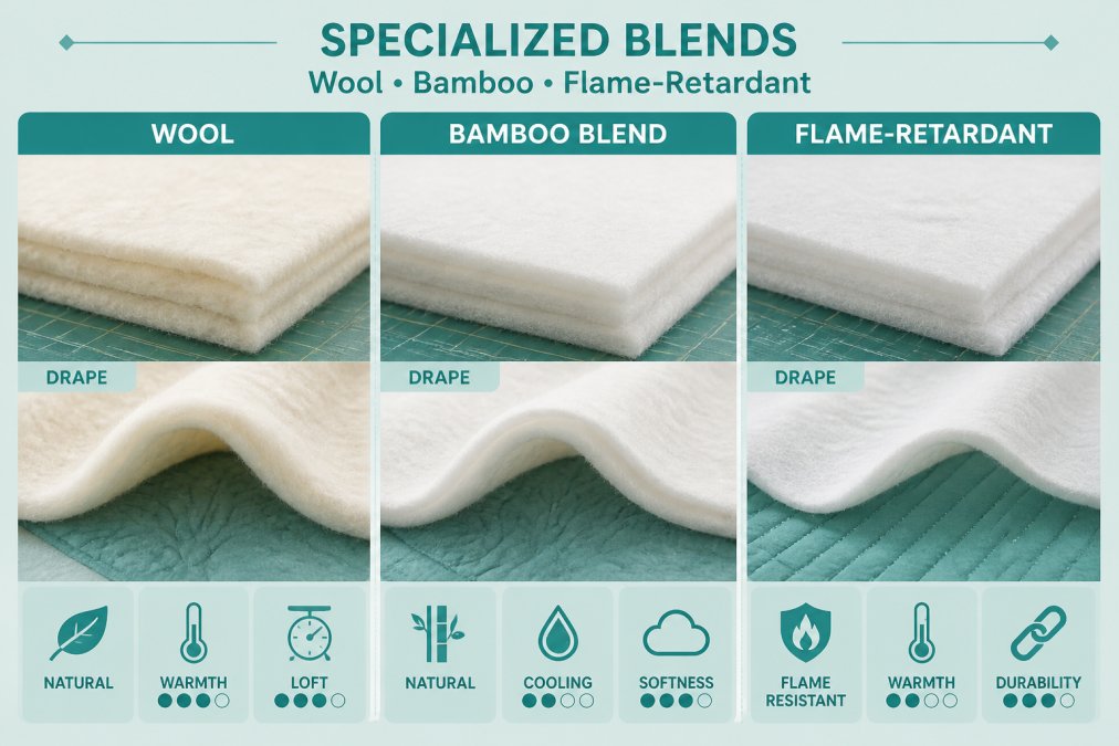 Close-up of different batting samples showing the distinct textures and drape of wool, bamboo blend, and flame-retardant fibers laid out side by side on a quilting workspace with natural daylight