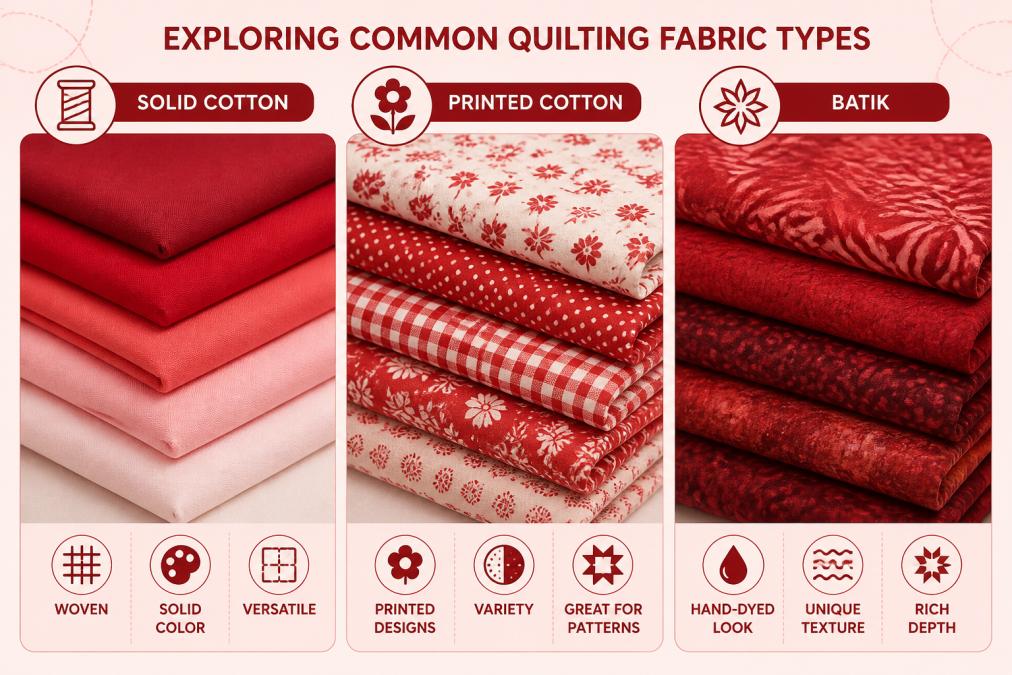 Close-up of folded quilting fabric samples showing solid cotton, printed cotton, and batik textures side by side with natural lighting