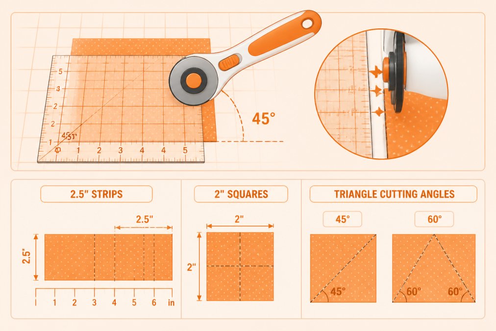 Diagram showing rotary cutter placement at 45-degree angle to ruler edge, with measurements marked for 6mm (2.5-inch) strips and 6mm (2-inch) squares, plus triangle cutting angles of 45 and 60 degrees