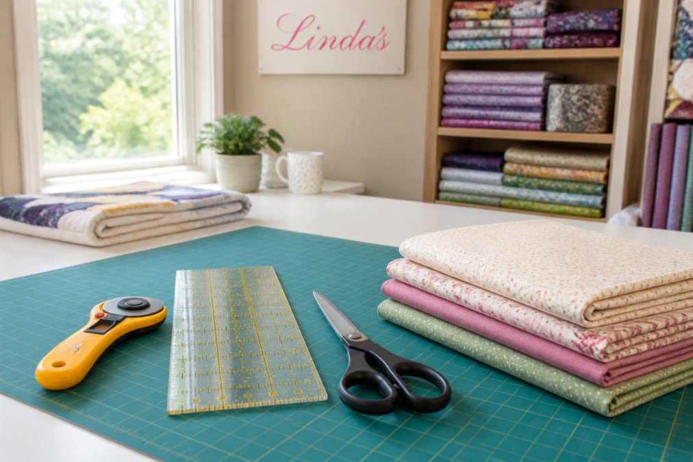 Infographic checklist of essential quilting supplies including a rotary cutter, mat, ruler, and fabric for beginners.