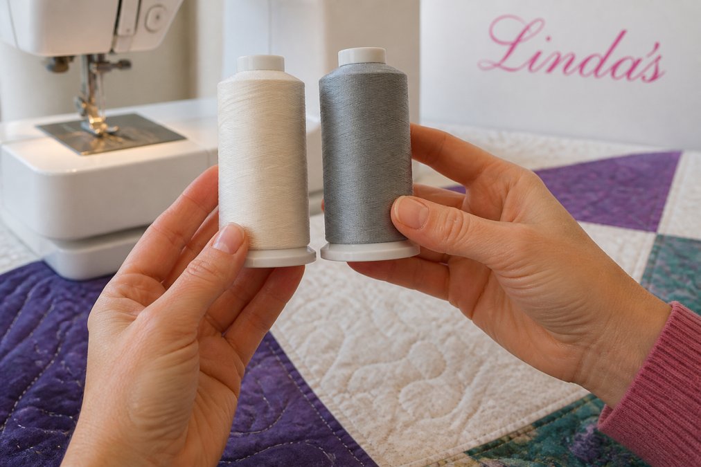 Close-up of a professional quilter's hands holding two spools of thread side by side, one cotton and one polyester, with a quilted fabric swatch and sewing machine in the soft-focus background