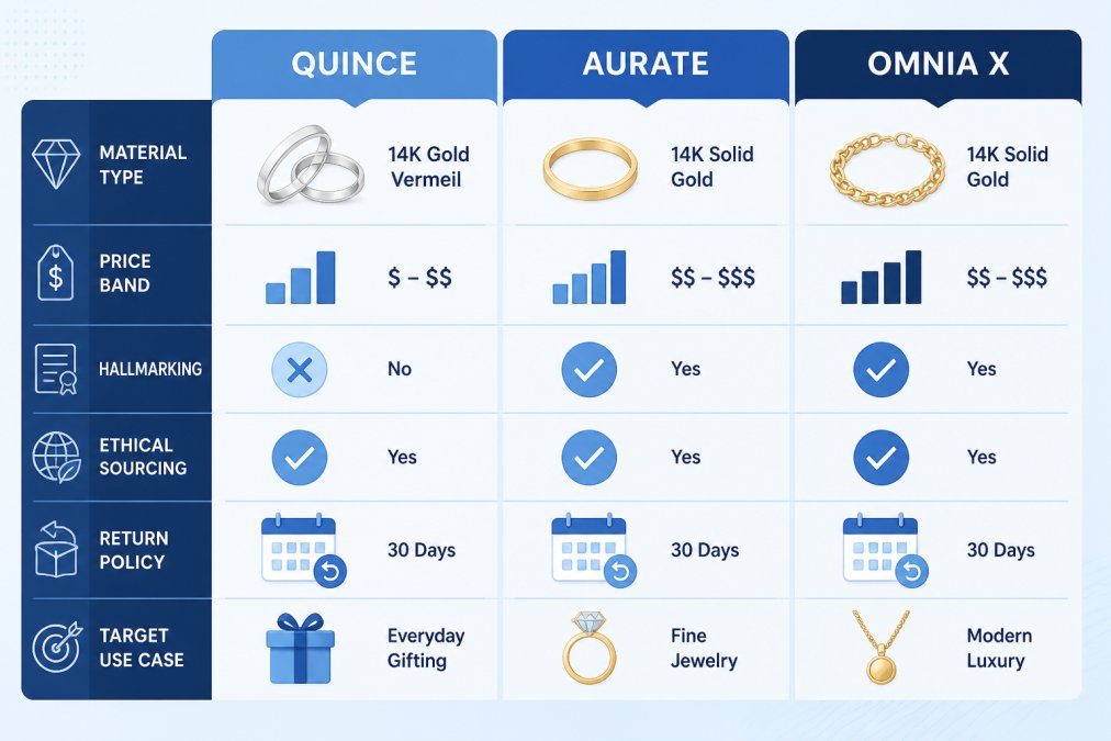 Comparison chart evaluating jewelry quality, pricing, and sourcing across Quince, Aurate, and Omnia X brands.