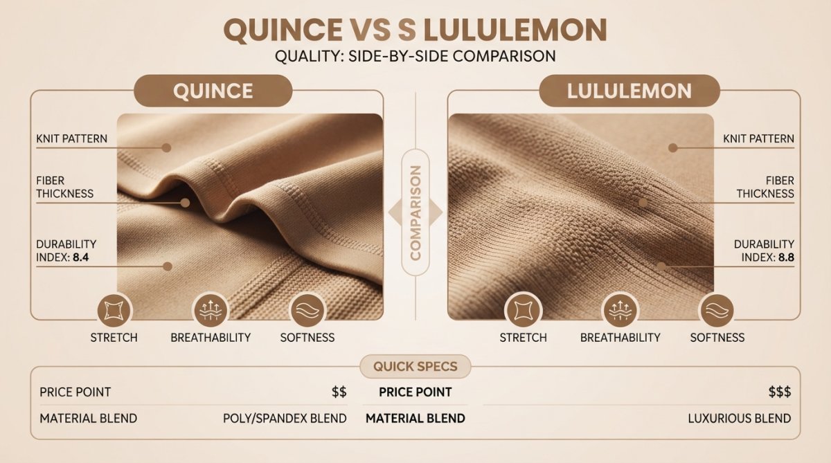 Close-up of two activewear fabric samples side-by-side showing texture and weave quality differences, natural lighting highlighting fabric construction and thread density