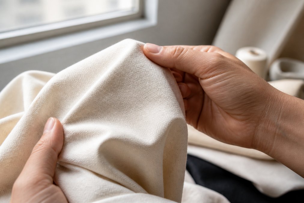 Close-up of hands examining organic cotton fabric texture, showing weave pattern and fabric weight under natural daylight from a window