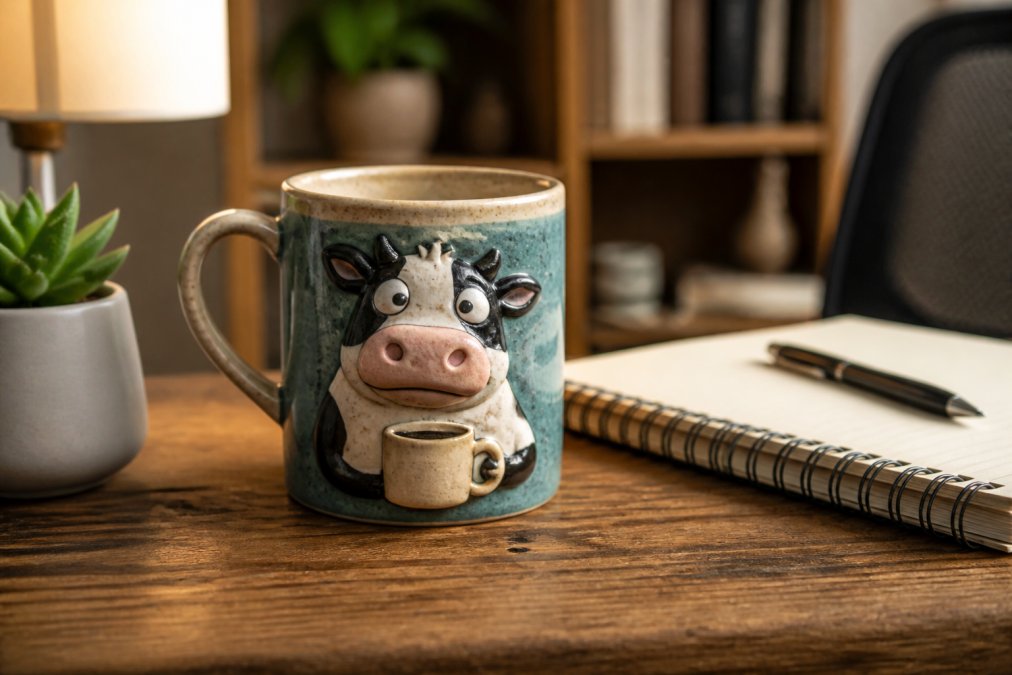 Close-up of a colorful funny ceramic coffee mug sitting on a wooden desk next to a small succulent plant, a notepad, and a pen, warm, cozy home office ambiance