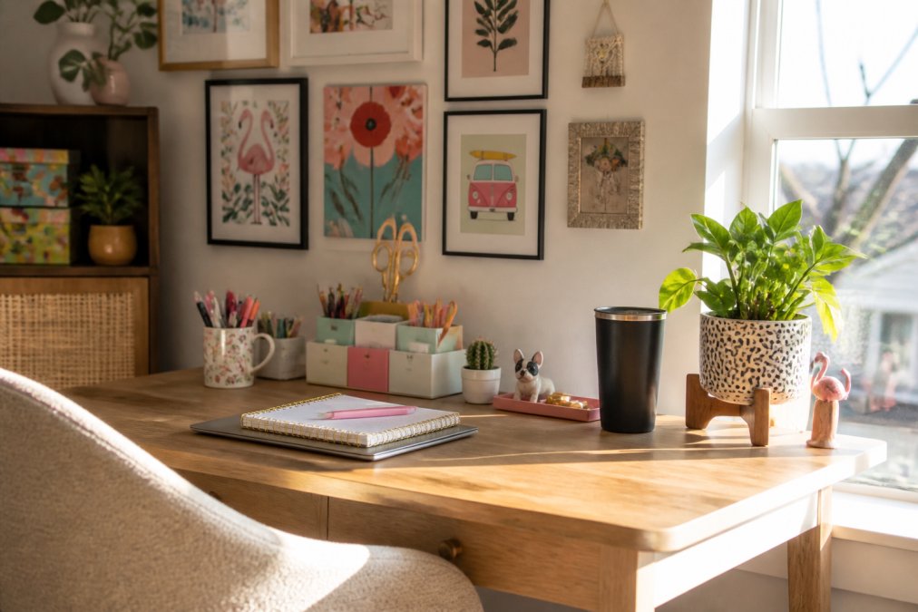 A bright, organized home office desktop with quirky desk organizers, small decorative items, a gallery wall of colorful art prints in the background, and a small potted plant on the corner of the desk, bathed in warm natural window light