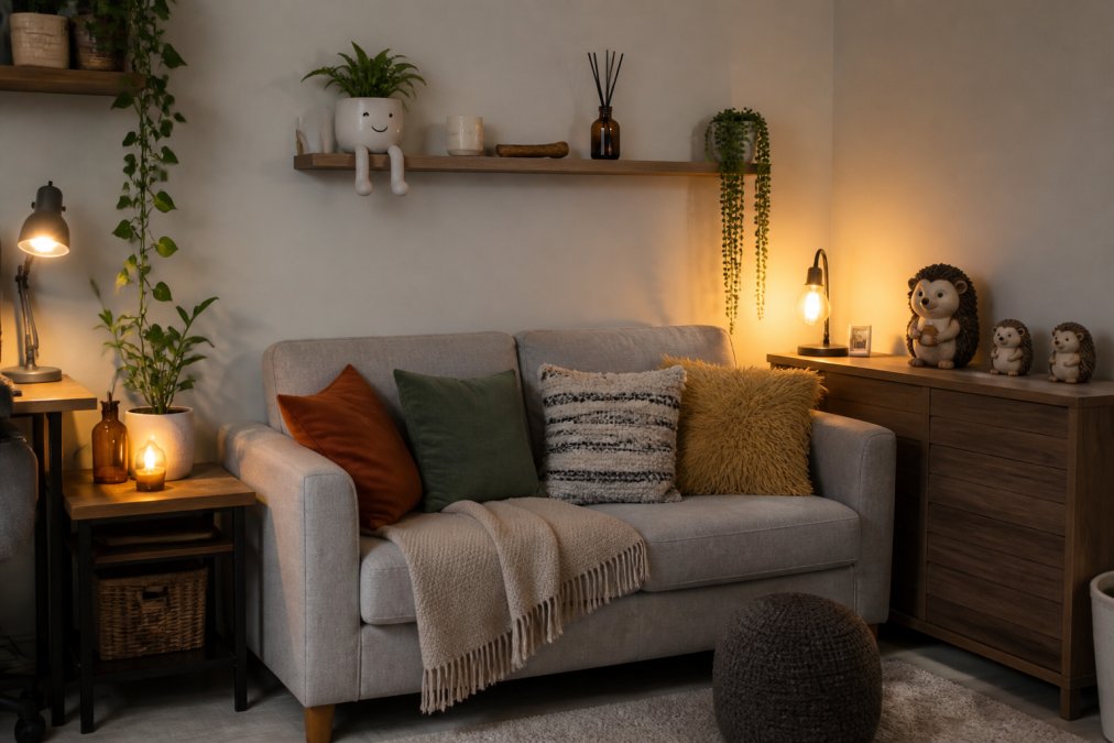 Cosy small apartment living room featuring a compact sofa against one wall, a character planter with dangling legs sitting on a narrow shelf above, decorative hedgehog ornaments arranged on a floating sideboard, warm ambient lighting from a desk lamp, and soft throw pillows in earthy tones creating textural contrast in the compact space
