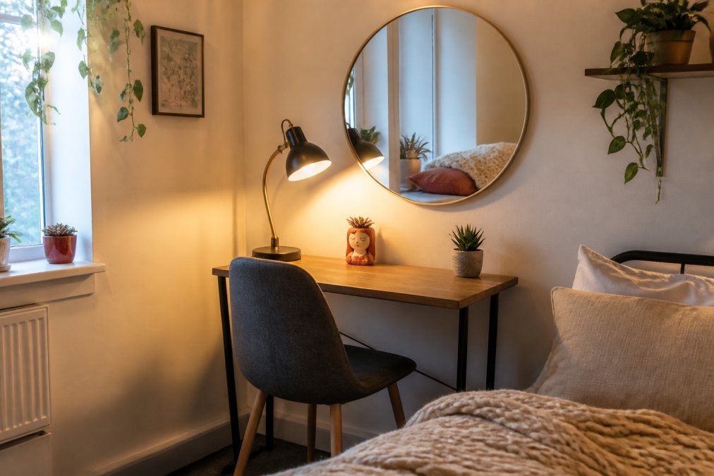 Small bedroom corner featuring a round mirror mounted above a compact desk with clean lines, warm ambient lighting from a vintage desk lamp creating soft shadows, and soft textiles including a chunky knit throw blanket and linen cushion in natural tones creating textural depth against pale walls