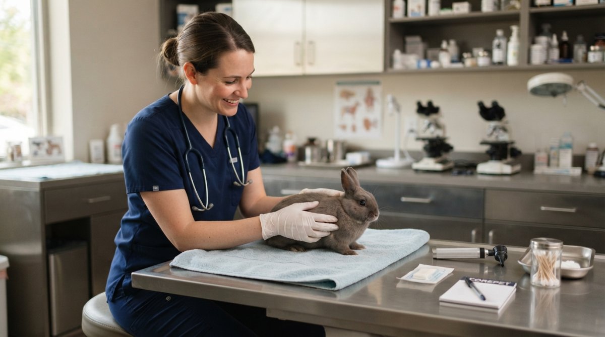 Young rabbit sitting calmly on a veterinary examination table with a rabbit-focused veterinarian gently examining it in a modern clinic