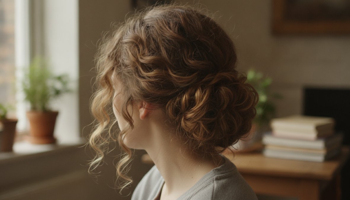 Donna con capelli ricci naturali raccolti in un chignon basso morbido, alcune ciocche libere che incorniciano il viso, illuminazione calda da studio fotografico