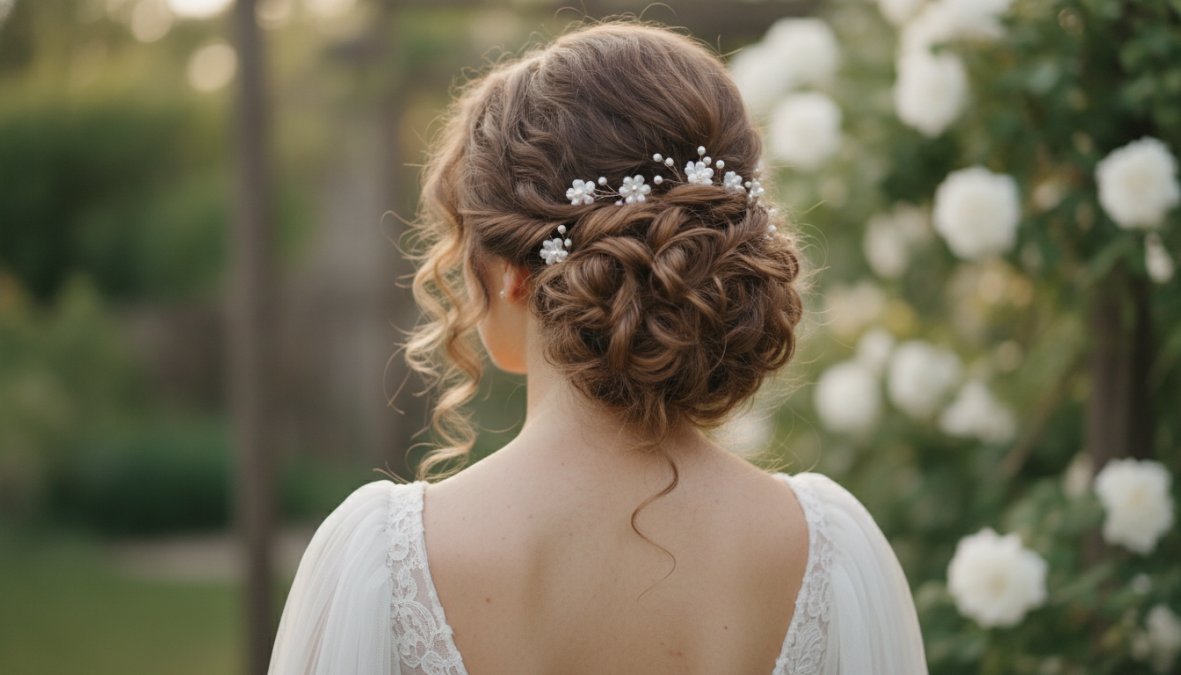 Sposa con capelli ricci voluminosi raccolti in un elegante chignon morbido decorato con piccole forcine floreali, vestito bianco, ambientazione con luce naturale diffusa e soffusa