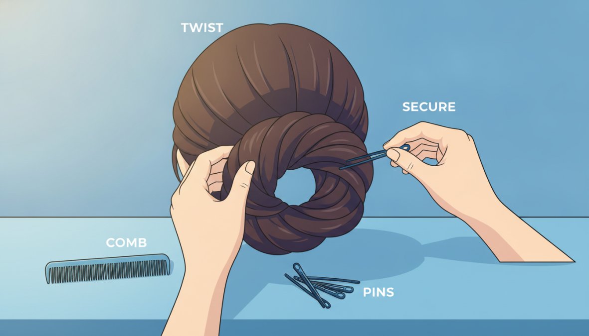 Close-up delle mani di una donna che fissa uno chignon basso su capelli lunghi scuri con forcine a U e un pettine a denti fini su una toletta in legno, illuminazione naturale soffusa proveniente da una finestra laterale
