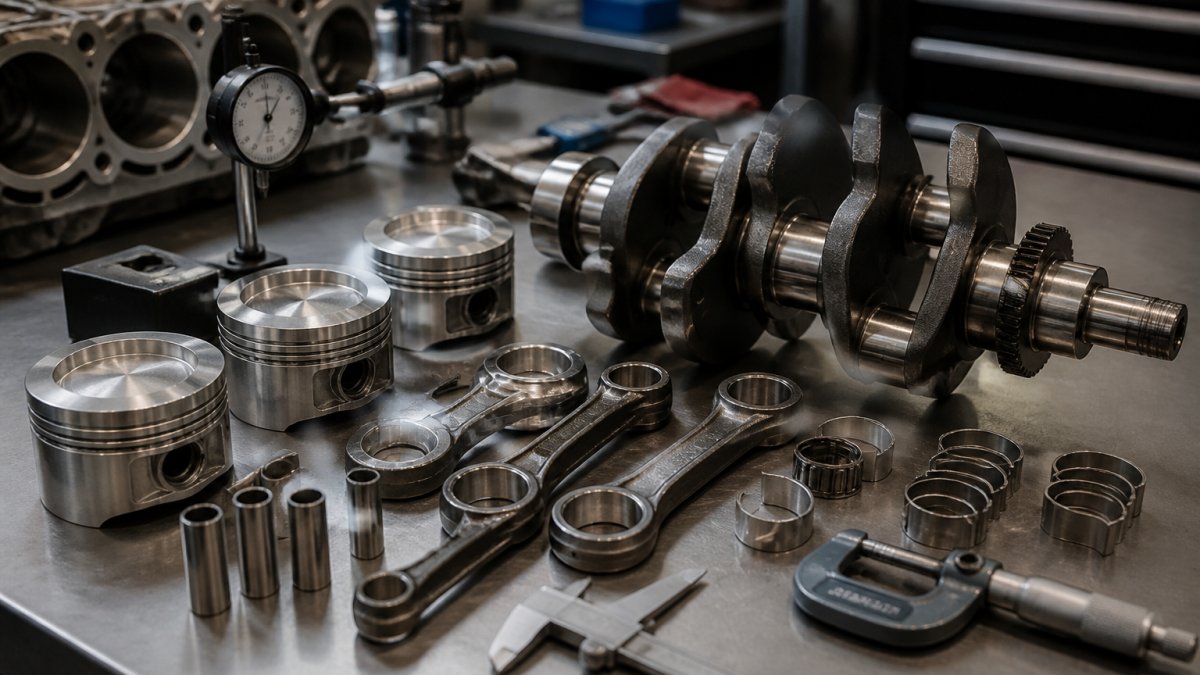 Close-up of precision-machined forged pistons, connecting rods, and crankshaft components laid out on a clean workbench with digital calipers, measurement gauges, and machine tools nearby