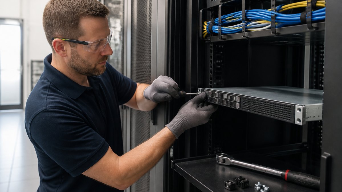 Technician installing a 1U server into a 19-inch rack cabinet using cage nuts and organized cable management.