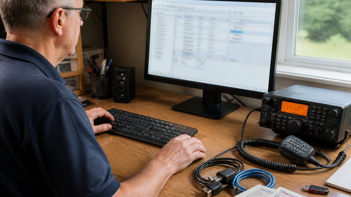 Amateur radio operator at a desk with a computer displaying radio programming software, a Yaesu radio on the workbench, programming cables, and frequency reference materials nearby, natural window lighting