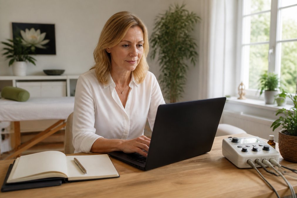 Eine Heilpraktikerin sitzt an einem Schreibtisch in ihrer hellen Praxis und arbeitet konzentriert an einem Laptop mit geöffneter Praxissoftware. Neben dem Computer liegen ein aufgeschlagenes Notizbuch und ein kompaktes Frequenztherapie-Gerät. Sanftes Tageslicht fällt durch ein großes Fenster, im Hintergrund ist eine freundliche Behandlungsatmosphäre mit Pflanzen zu erkennen
