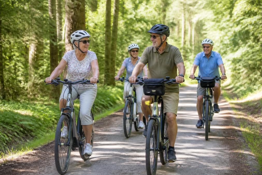 A group of older cyclists on a quiet, tree-lined side road in the Waldviertel, sunny weather, e-bikes, a relaxed atmosphere