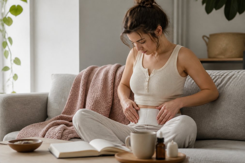 Woman applying a heating patch to her lower abdomen, sitting comfortably on a couch with a journal and wellness items nearby