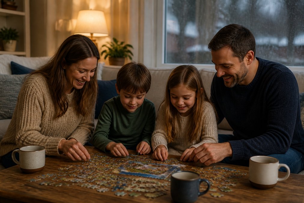 Family of four sitting together on a comfortable couch working on a large puzzle, warm lamp lighting casting soft shadows across their faces, pieces scattered on a coffee table with hot cocoa mugs nearby