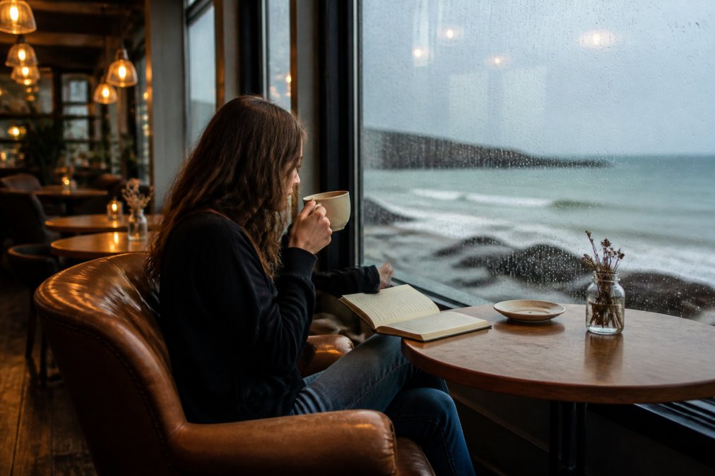 Solo traveler sitting by a large window at a coastal cafe, holding a warm latte, watching rain streak down the glass, open notebook on the table, soft interior lighting, comfortable armchair