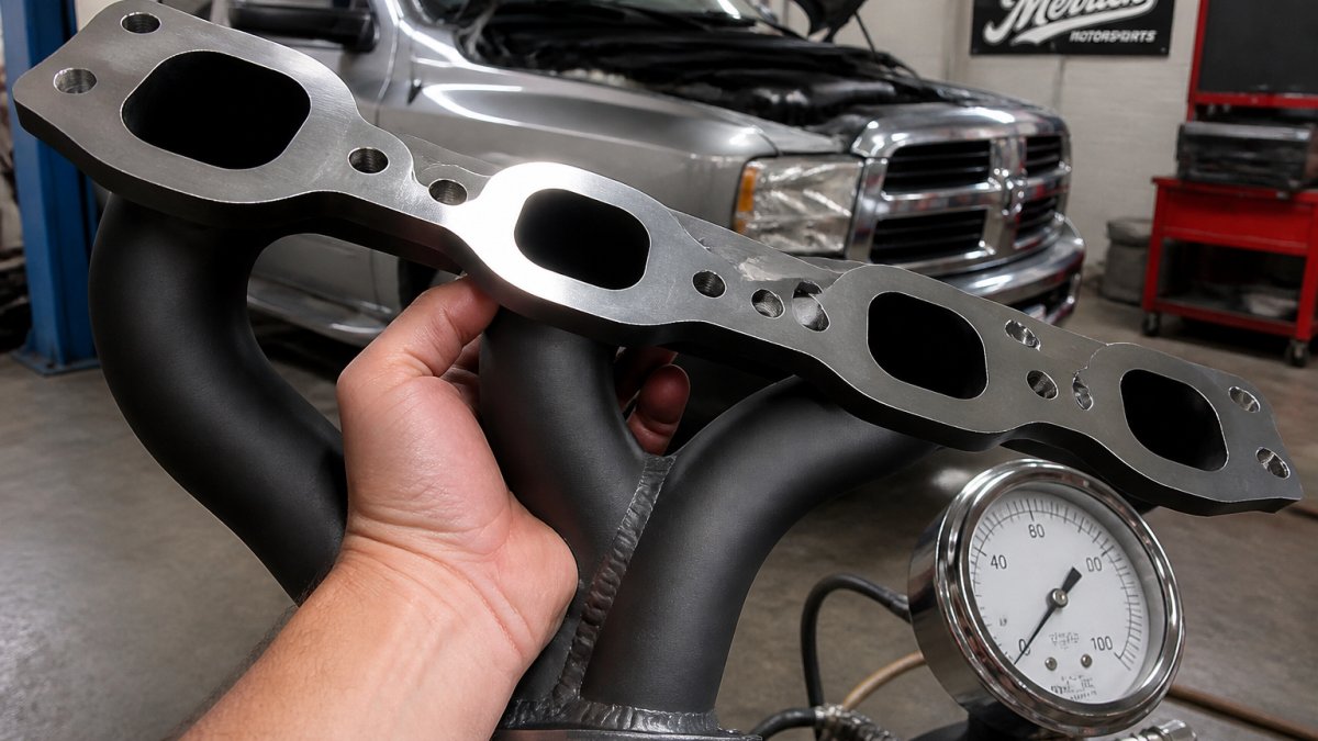 Close-up of a polished stainless steel shorty header with ceramic coating being held in a well-lit automotive workshop, showcasing the CNC-machined tubing and thick flange construction