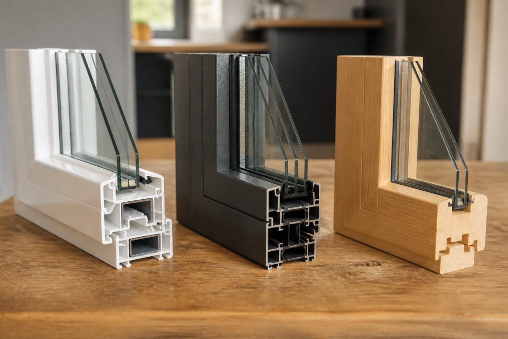 Close-up van drie verschillende raamprofielen (PVC, aluminium en hout) naast elkaar op werkbank, met duidelijk zichtbare textuur, kleurschakeringen en afwerkingen in daglicht