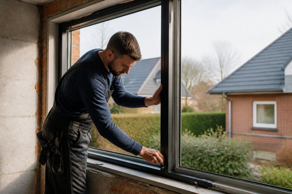 Vakman in werkkleding plaatst modern raam in gevelopening, met vochtafvoering zichtbaar en vochtstrippen geïnstalleerd, toont professionele montage in woonhuis