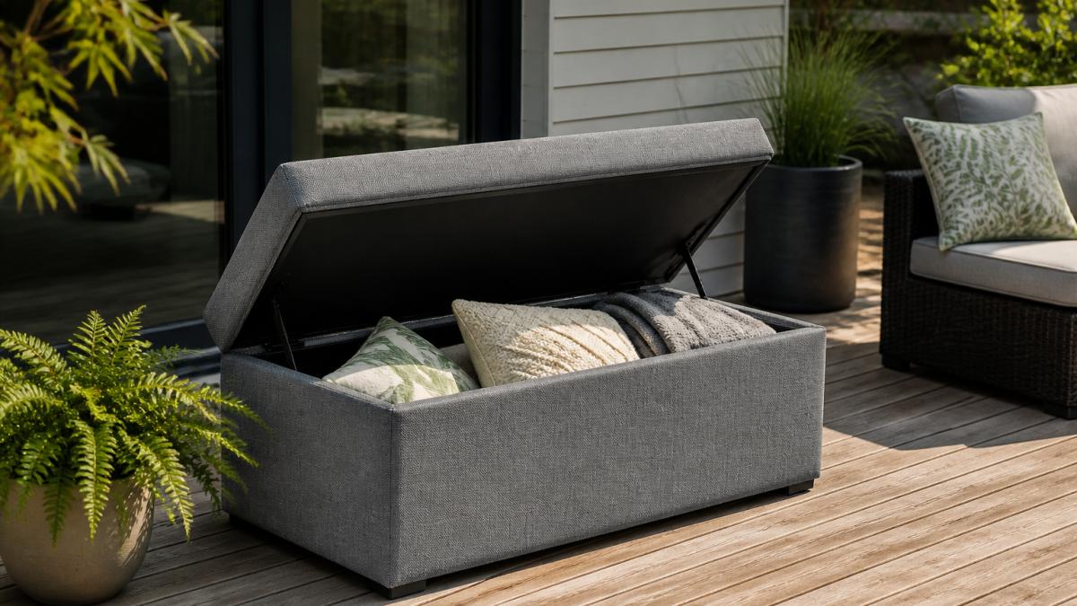 Terrasse en bois d'une maison avec un pouf rectangulaire gris dont le couvercle est ouvert, laissant voir des coussins d'extérieur et une couverture pliés à l'intérieur du coffre de rangement sous l'assise