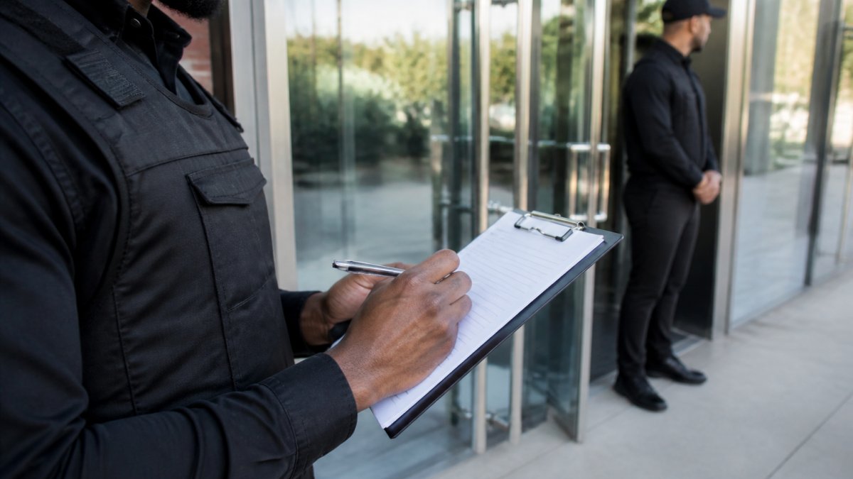 Professional security officer in tactical uniform standing at commercial building entrance during daylight, holding clipboard and monitoring access, professional demeanor