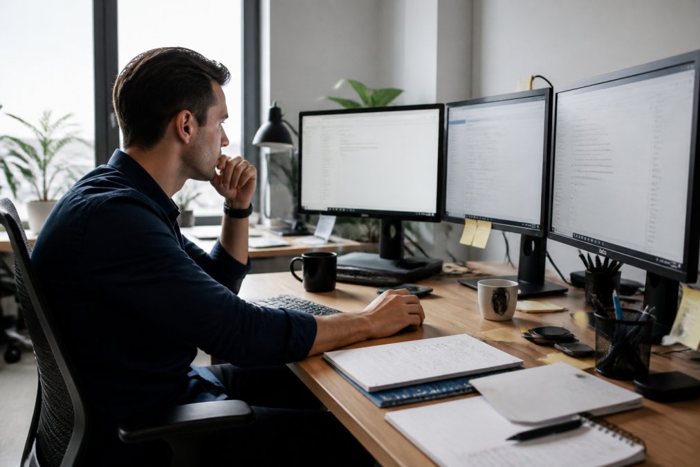 Professional working at desk with multiple monitors displaying analytics dashboards, research notes, and AI tools open simultaneously in modern office environment