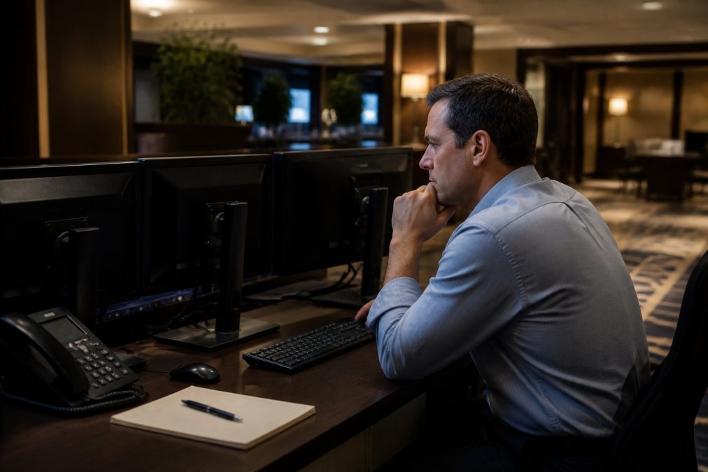 Hotel IT director monitoring multiple computer screens displaying network activity, security alerts, and system logs in a hotel operations center with dim lighting and focused concentration
